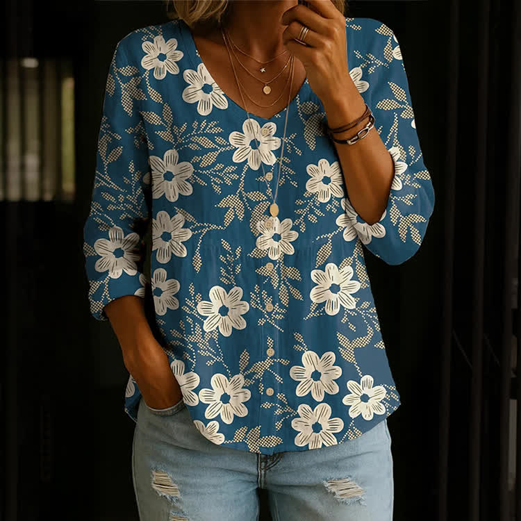 Elegant Floral Pixels Pattern Print Button V-Neck A-Line Long Sleeve Blouse - Blue - US 26-28 (4XL) - image 1