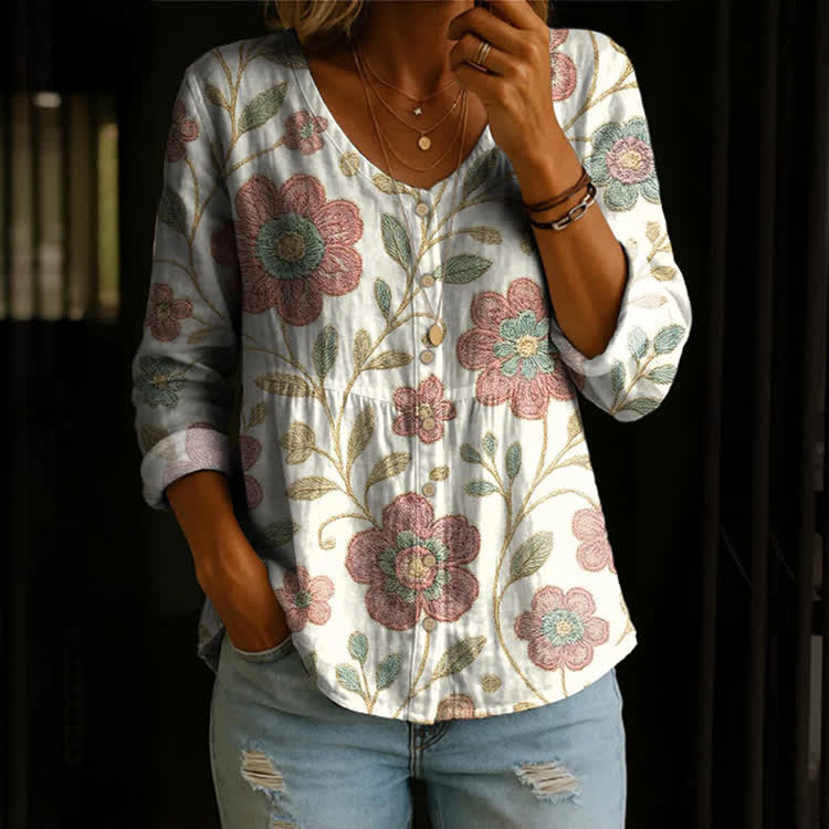 Elegant Ethnic Large Floral Stitch Pattern Print Button V-Neck A-Line Long Sleeve Blouse - White - US 26-28 (4XL) - image 1