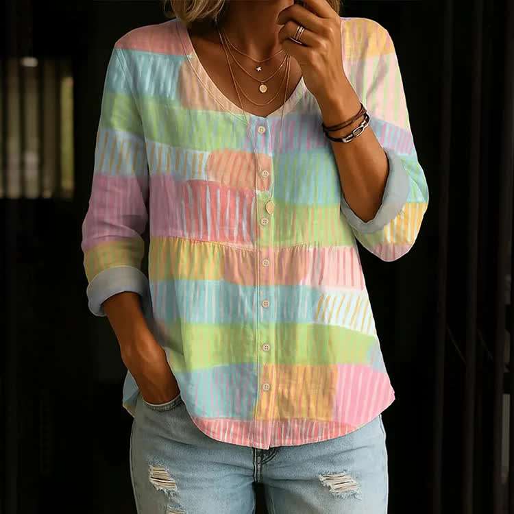 Spontaneous Colorful Striped Graffiti Pattern Print Button V-Neck A-Line Long Sleeve Blouse - Light Green - US 26-28 (4XL) - image 1