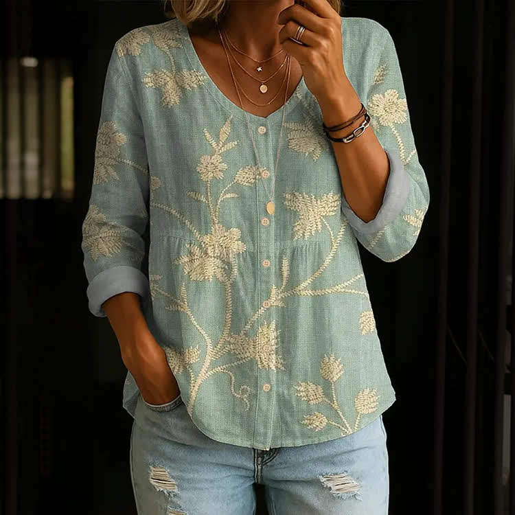 Boho Floral Pattern Print Button V-Neck A-Line Long Sleeve Blouse - Light Green - US 26-28 (4XL) - image 1