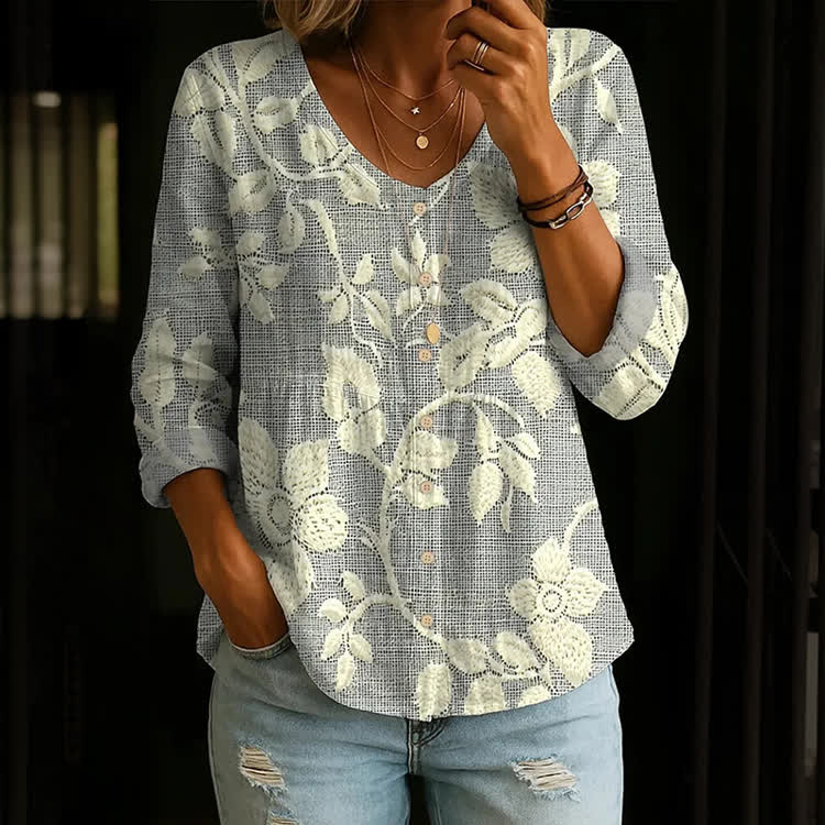 Boho Floral Stitch Plaid Texture Pattern Print Button V-Neck A-Line Long Sleeve Blouse - Light Gray - US 26-28 (4XL) - image 1