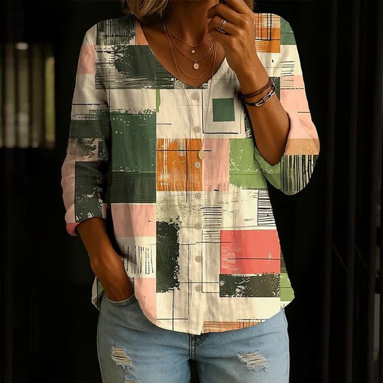 Hippie Colorful Color-Block Graffiti Pattern Print Button V-Neck A-Line Long Sleeve Blouse - Apricot - US 26-28 (4XL) - image 1