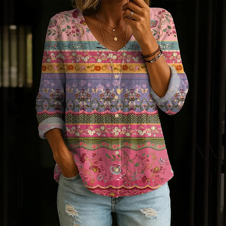 Hippie Colorful Striped Flowers Pattern Print Button V-Neck A-Line Long Sleeve Blouse - Pink - US 26-28 (4XL) - image 1
