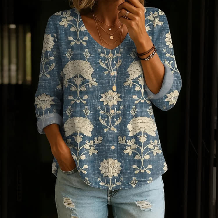 Boho Ethnic Floral Pattern Print Button V-Neck A-Line Long Sleeve Blouse - Blue - US 26-28 (4XL) - image 1