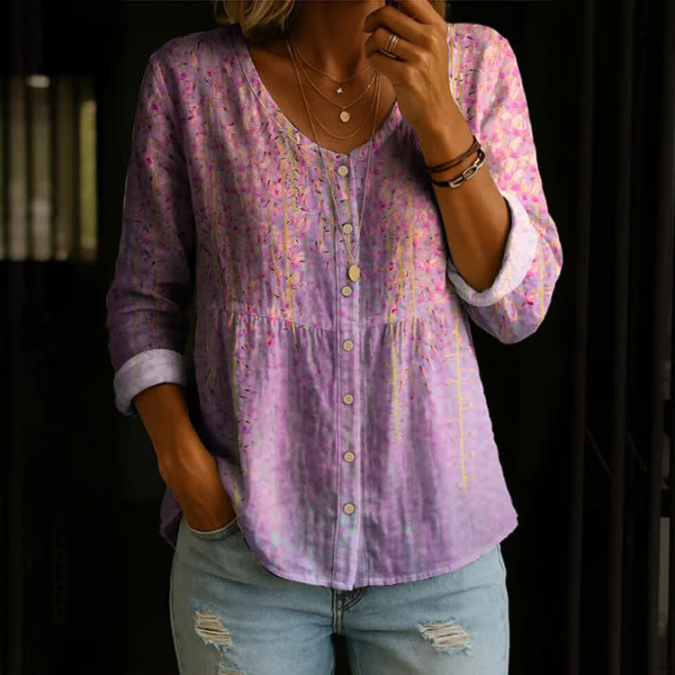 Boho Gradient Wisteria Pattern Print Button V-Neck A-Line Long Sleeve Blouse - Pink - US 26-28 (4XL) - image 1