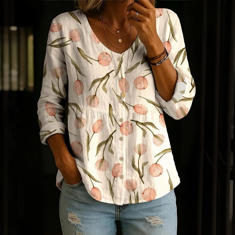 Elegant Tulips Pattern Print Button V-Neck A-Line Long Sleeve Blouse - Apricot - US 26-28 (4XL) - image 1