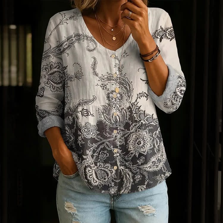 Boho Gradient Ethnic Paisley Pattern Print Button V-Neck A-Line Long Sleeve Blouse - White - US 26-28 (4XL) - image 1