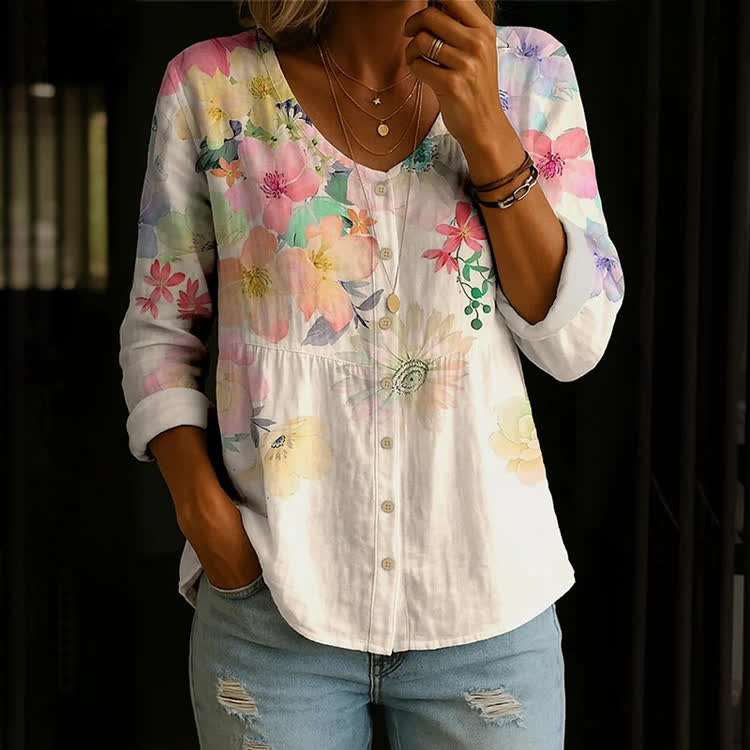 Boho Watercolor Floral Gradient Pattern Print Button V-Neck A-Line Long Sleeve Blouse - Apricot - US 26-28 (4XL) - image 1