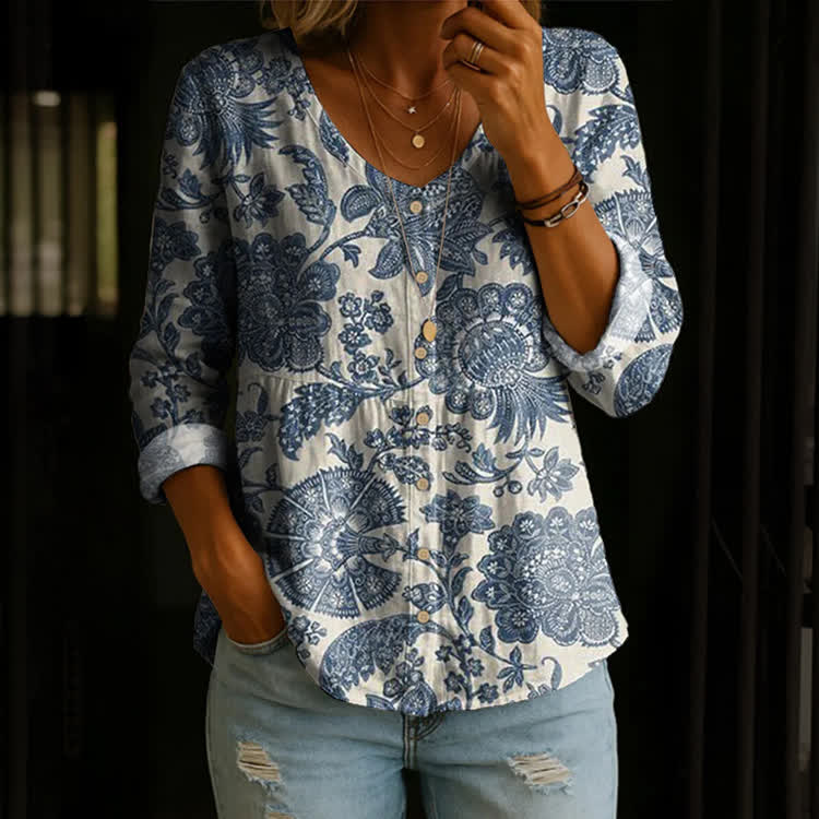 Tropical Vacation Flowers And Fruits Pattern Print Button V-Neck A-Line Long Sleeve Blouse - Blue - US 26-28 (4XL) - image 1