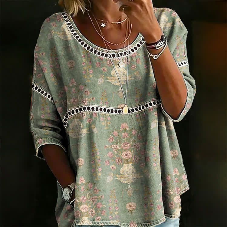 Green Boho Floral Print Openwork Lace Splicing Round Neck Half Sleeve Blouse - Green - 4XL - image 1