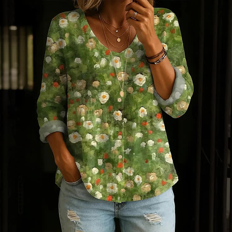 Elegant Floral Oil Painting Pattern Print Button V-Neck A-Line Long Sleeve Blouse - Green - US 26-28 (4XL) - image 1