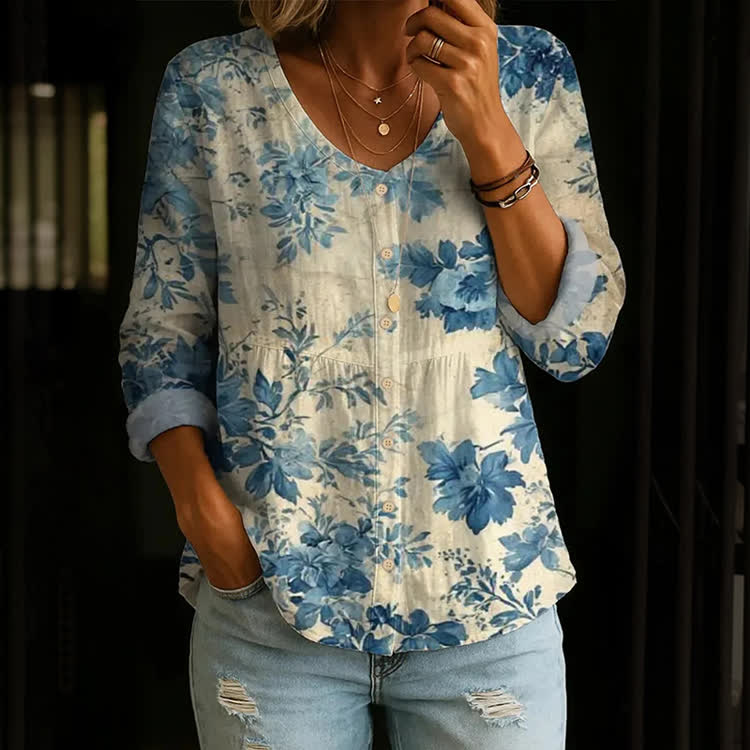 Vintage Monochromatic Floral Oil Painting Pattern Print Button V-Neck A-Line Long Sleeve Blouse - Blue - US 26-28 (4XL) - image 1
