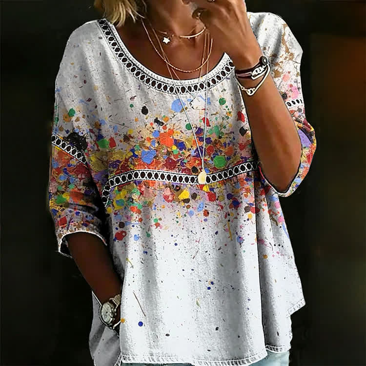 Multicolor Paint Print Openwork Lace Splicing Round Neck Half Sleeve Blouse - White - 4XL - image 1