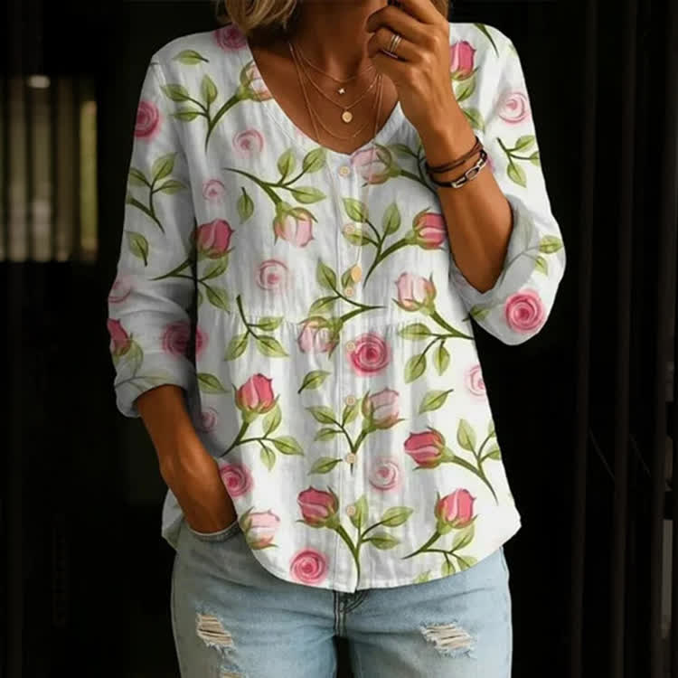 Romantic Watercolor Roses Pattern Print Button V-Neck A-Line Long Sleeve Blouse - White - US 26-28 (4XL) - image 1