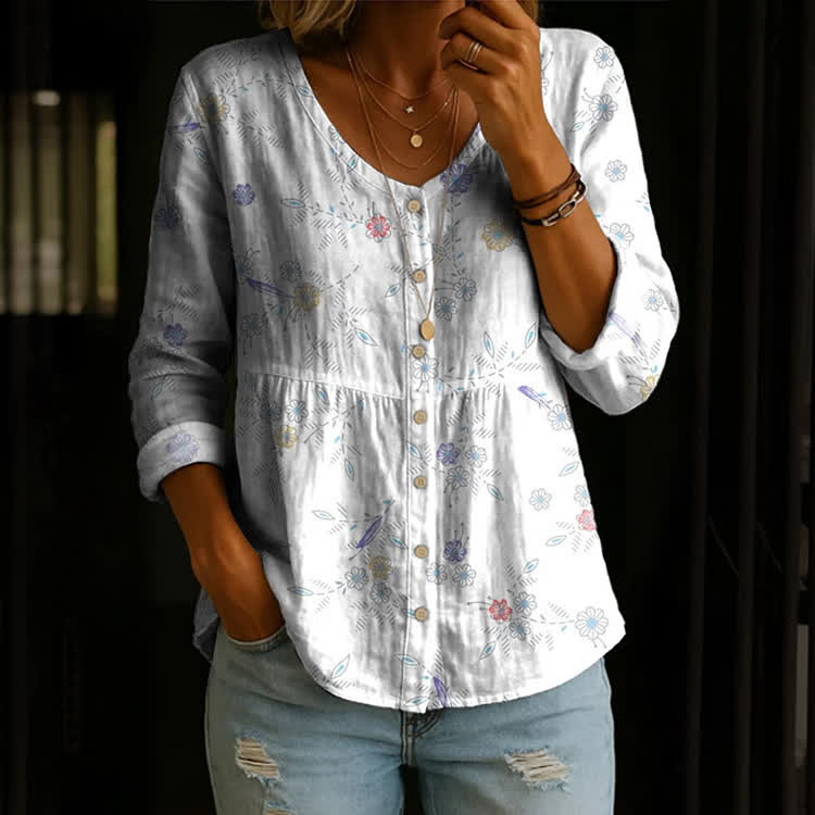 Minimalist Mini Florals Pattern Print Button V-Neck A-Line Long Sleeve Blouse - White - US 26-28 (4XL) - image 1