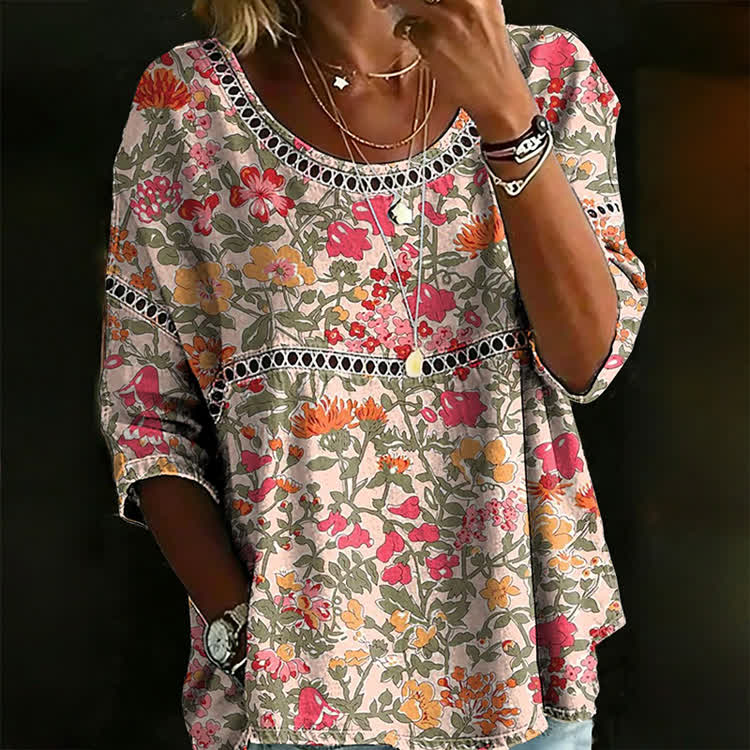 Boho Vintage Flower Print Openwork Lace Splicing Round Neck Half Sleeve Blouse - Multicolor - 4XL - image 1