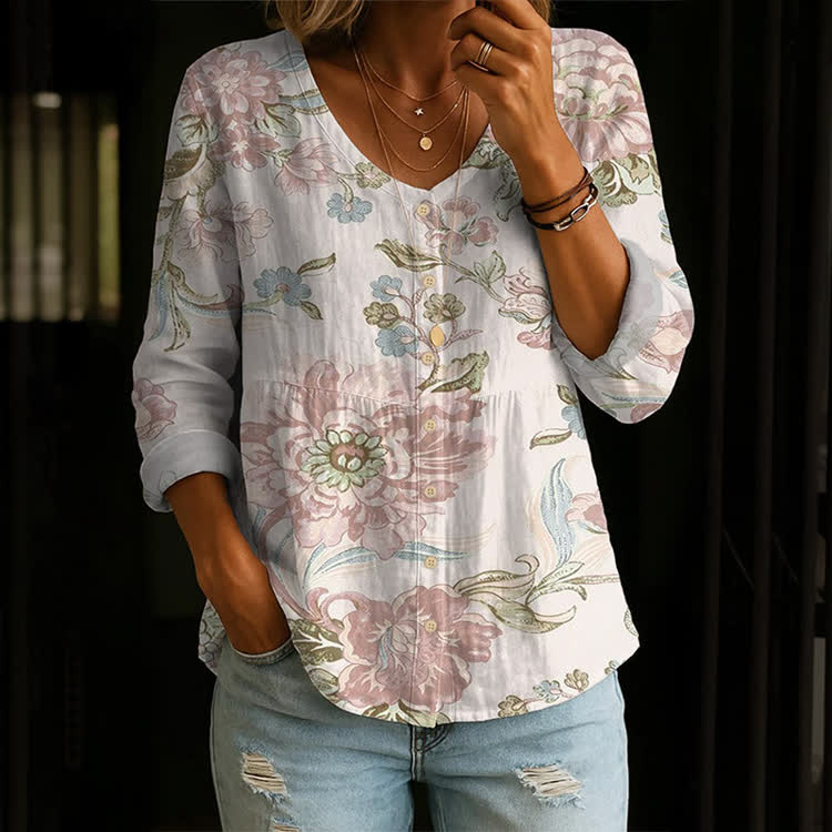 Elegant Large Peony Pattern Print Button V-Neck A-Line Long Sleeve Blouse - Light Pink - US 26-28 (4XL) - image 1