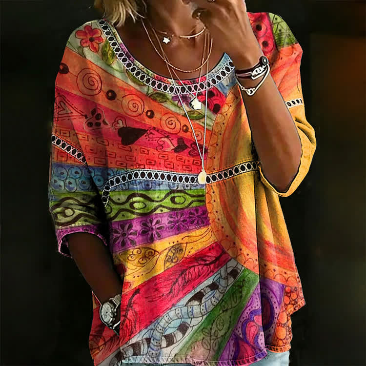 Ethnic Art Print Openwork Lace Splicing Round Neck Half Sleeve Blouse - Multicolor - 4XL - image 1