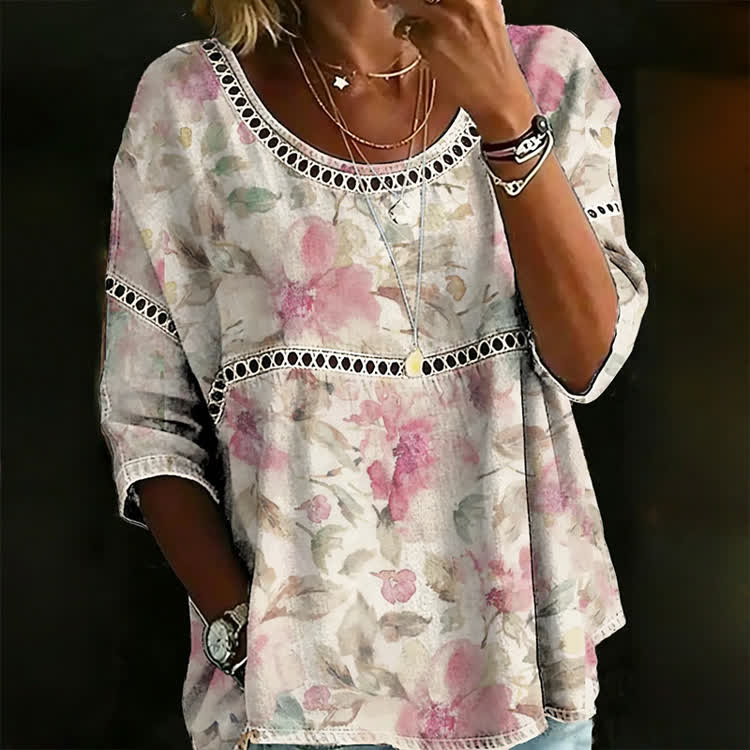 Retro Pink Floral Print Openwork Lace Splicing Round Neck Half Sleeve Blouse - Apricot - 4XL - image 1