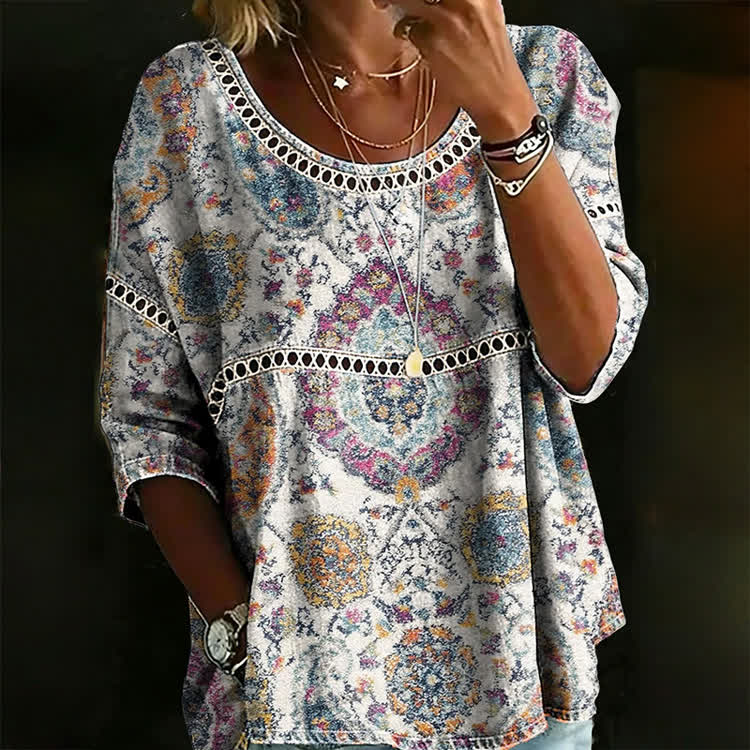 Vintage Ethnic Floral Art Print Openwork Lace Splicing Round Neck Half Sleeve Blouse - White - 4XL - image 1