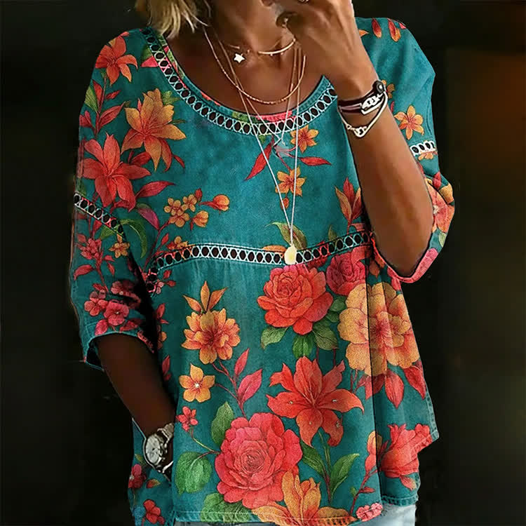 Vintage Tropical Flower Print Openwork Lace Splicing Round Neck Half Sleeve Blouse - Lake Blue - 4XL - image 1