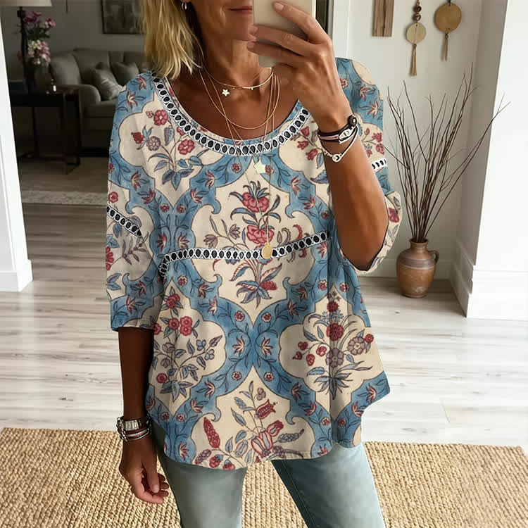 Ethnic Floral Print Openwork Lace Splicing Round Neck Half Sleeve Blouse - Blue - 4XL - image 1