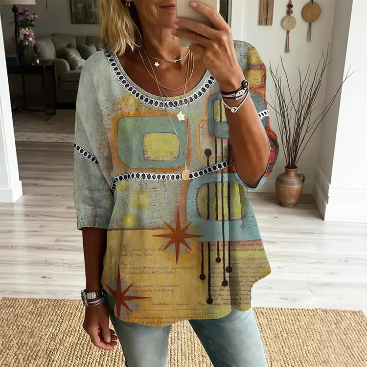 Retro Abstract Art Print Openwork Lace Splicing Round Neck Half Sleeve Blouse - Green - 4XL - image 1