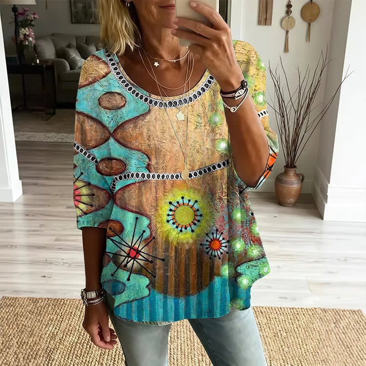 Boho Mid-Century Geometric Art Print Openwork Lace Splicing Round Neck Half Sleeve Blouse - Multicolor - 4XL - image 1