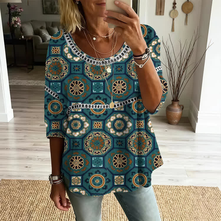 Ethnic Geometric Medallion Print Openwork Lace Splicing Round Neck Half Sleeve Blouse - Blue - 4XL - image 1