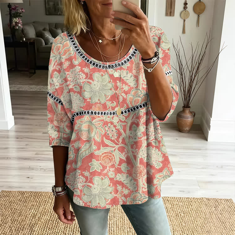Boho Vintage Botanical Print Openwork Lace Splicing Round Neck Half Sleeve Blouse - Red - 4XL - image 1