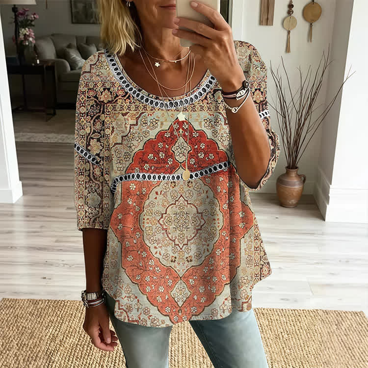 Boho Ethnic Medallion Print Openwork Lace Splicing Round Neck Half Sleeve Blouse - Khaki - 4XL - image 1