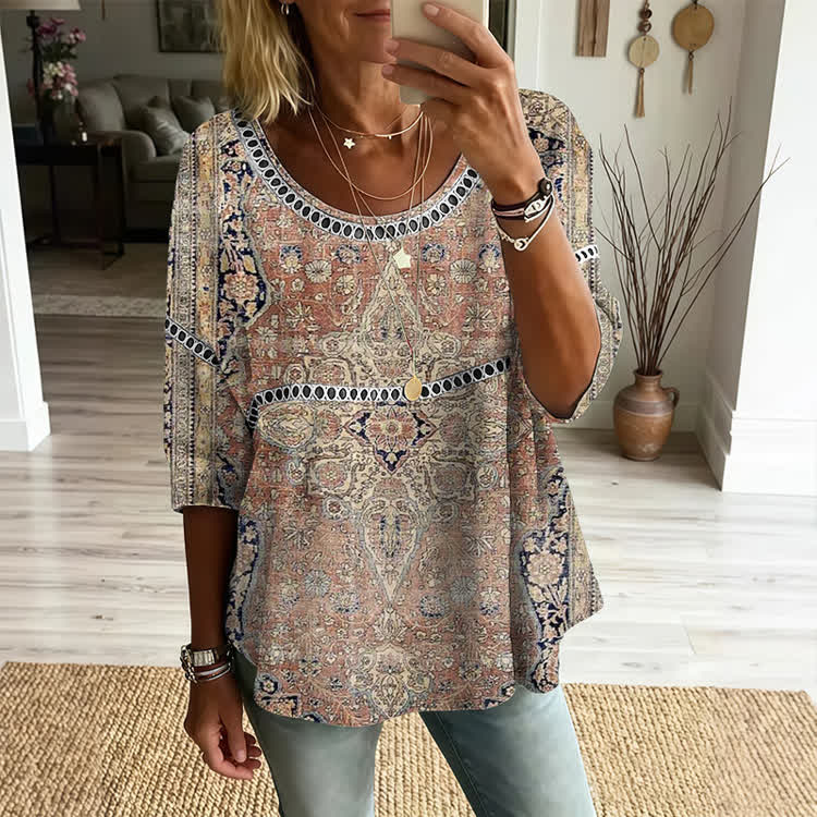 Vintage-Inspired Art Print Openwork Lace Splicing Round Neck Half Sleeve Blouse - Multicolor - 4XL - image 1