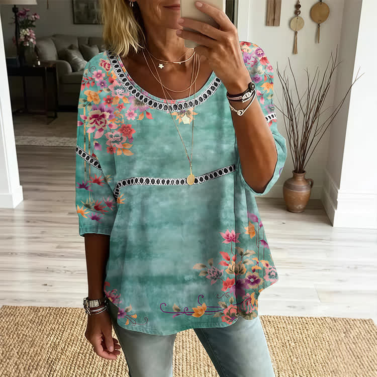 Turquoise Botanical Art Print Openwork Lace Splicing Round Neck Half Sleeve Blouse - Green - 4XL - image 1