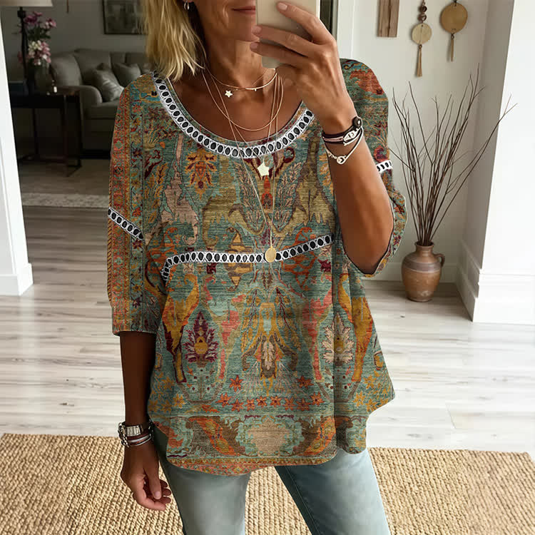Boho Ethnic Art Print Openwork Lace Splicing Round Neck Half Sleeve Blouse - Khaki - 4XL - image 1