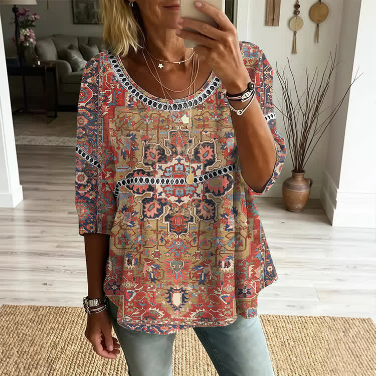 Vintage-Inspired Medallion Art Print Openwork Lace Splicing Round Neck Half Sleeve Blouse - Red - 4XL - image 1