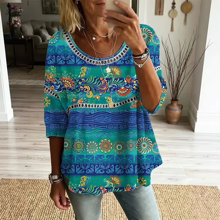 Bohemian Tropical Print Openwork Lace Splicing Round Neck Half Sleeve Blouse - Blue - 4XL - image 1