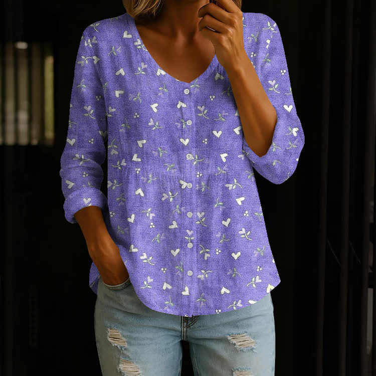Elegant Floral Alzheimer's Pattern Print Button V-Neck A-Line Long Sleeve Blouse - Purple - US 26-28 (4XL) - image 1