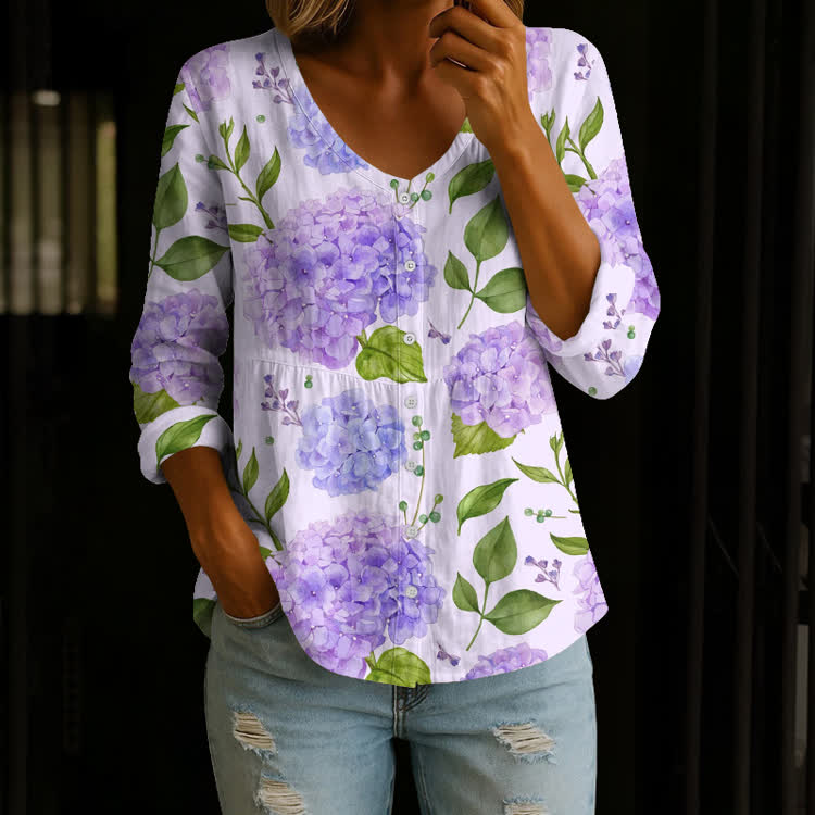 Alzheimer-Hued Watercolor Hydrangeas Pattern Print Button V-Neck A-Line Long Sleeve Blouse - Light Purple - US 26-28 (4XL) - image 1