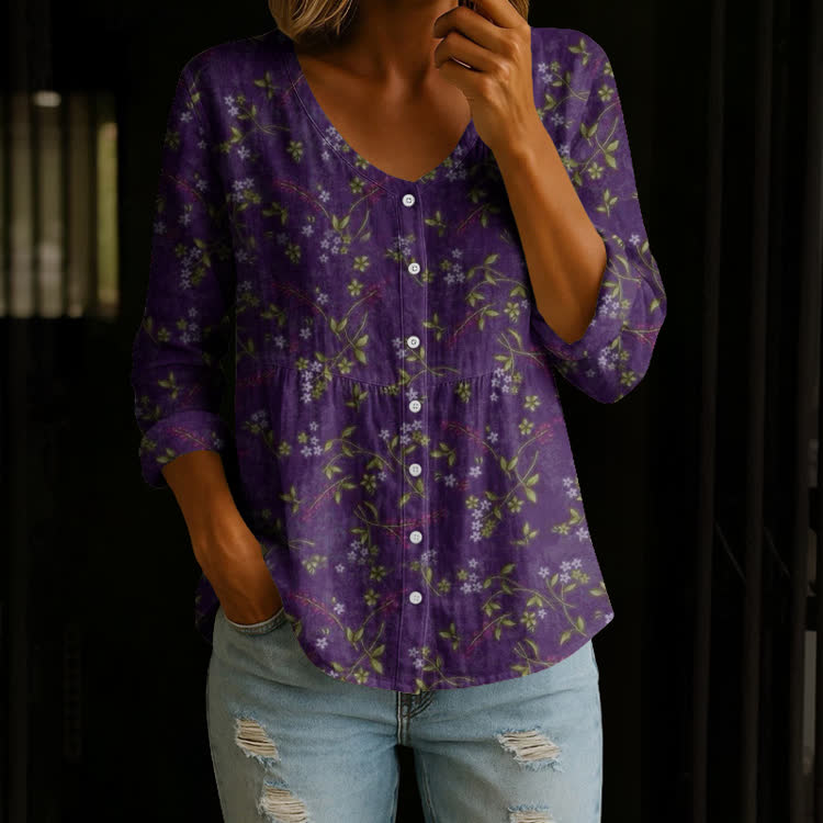 Minimalist Forget-Me-Not Alzheimer's Flowers Pattern Print Button V-Neck A-Line Long Sleeve Blouse - Purple - US 26-28 (4XL) - image 1