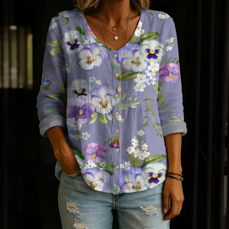 Elegant Floral Alzheimer's Pattern Print Button V-Neck A-Line Long Sleeve Blouse - Light Purple - US 26-28 (4XL) - image 1