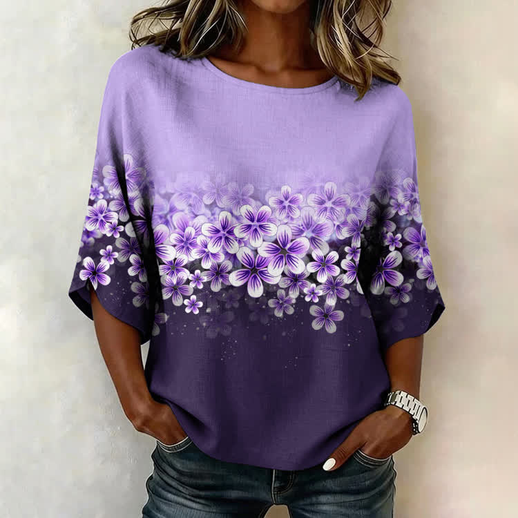 Elegant Alzheimer's Floral Gradient Pattern Print Half Sleeve Casual Blouse - Purple - US 28-30 (4XL) - image 1