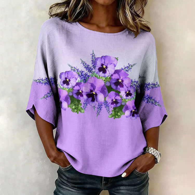Alzheimer's Floral Two-Tone Patchwork Pattern Print Half Sleeve Casual Blouse - Purple - US 28-30 (4XL) - image 1