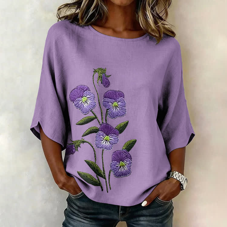 Alzheimer's Floral Stitch Pattern Print Half Sleeve Casual Blouse - Light Purple - US 28-30 (4XL) - image 2