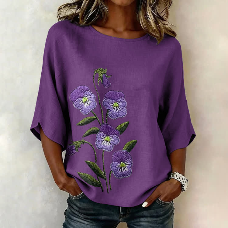Alzheimer's Floral Stitch Pattern Print Half Sleeve Casual Blouse - Purple - US 28-30 (4XL) - image 1