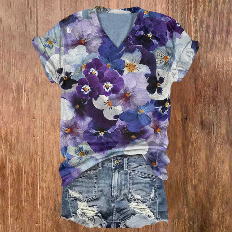 Alzheimer's Garden Print Short Sleeved V-Neck T-Shirt - Purple - US32-34(5XL) - image 2