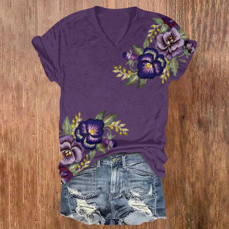 Alzheimer's Line-Art Flowers Print Short Sleeved V-Neck T-Shirt - Purple - US32-34(5XL) - image 1