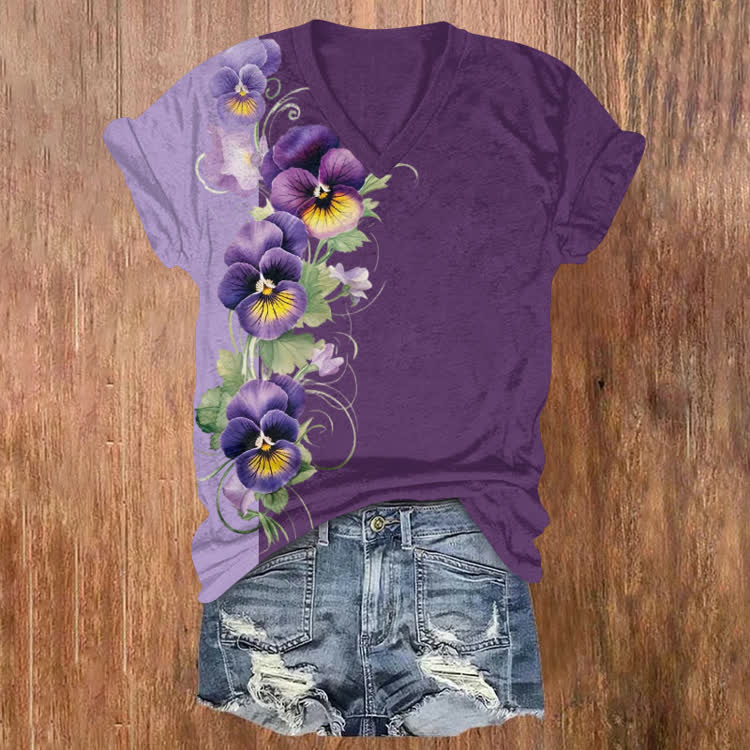 Alzheimer's Flowers Color Pattern Print Short Sleeved V-Neck T-Shirt - Purple - US32-34(5XL) - image 1