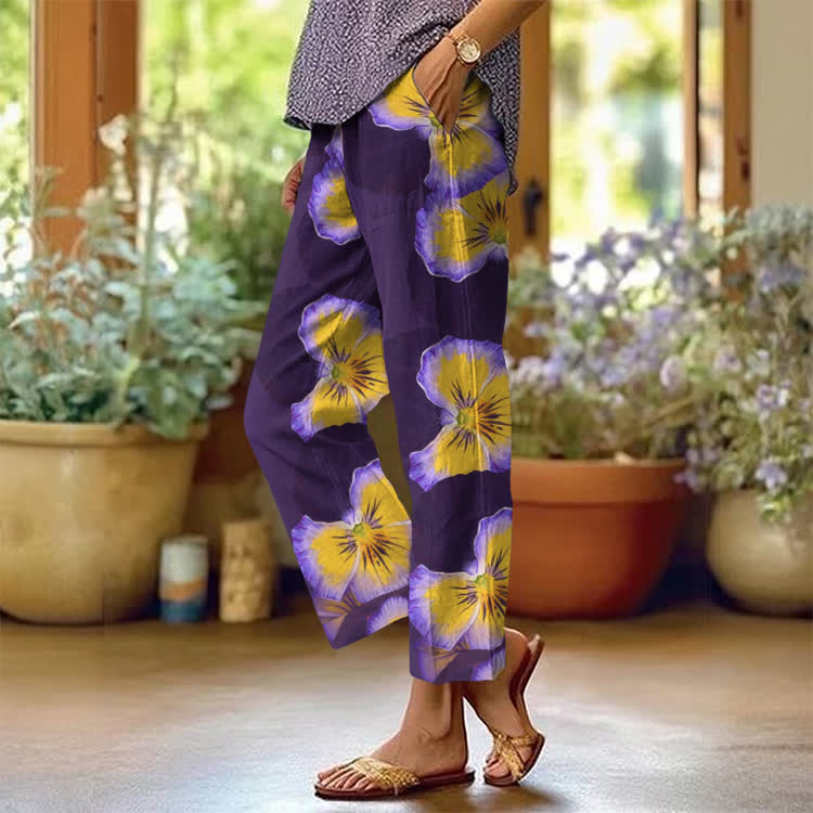 Alzheimer's Watercolor Large Flowers Pattern Print Casual Pocket Pants  - Purple - US 20 (5XL) - image 1