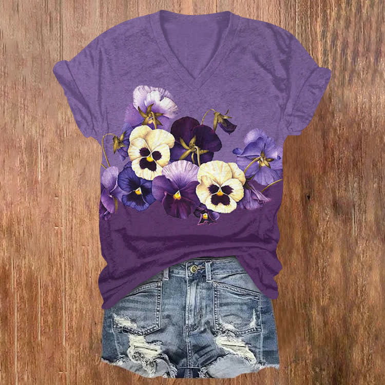 Alzheimer's Segmentation Flowers Pattern Print Short Sleeved V-Neck T-Shirt - Purple - US32-34(5XL) - image 1