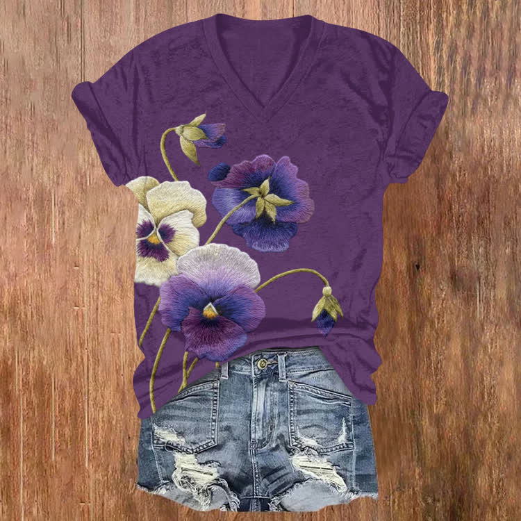 Alzheimer's Line-Art Large Flowers Pattern Print Short Sleeved V-Neck T-Shirt - Purple - US32-34(5XL) - image 1